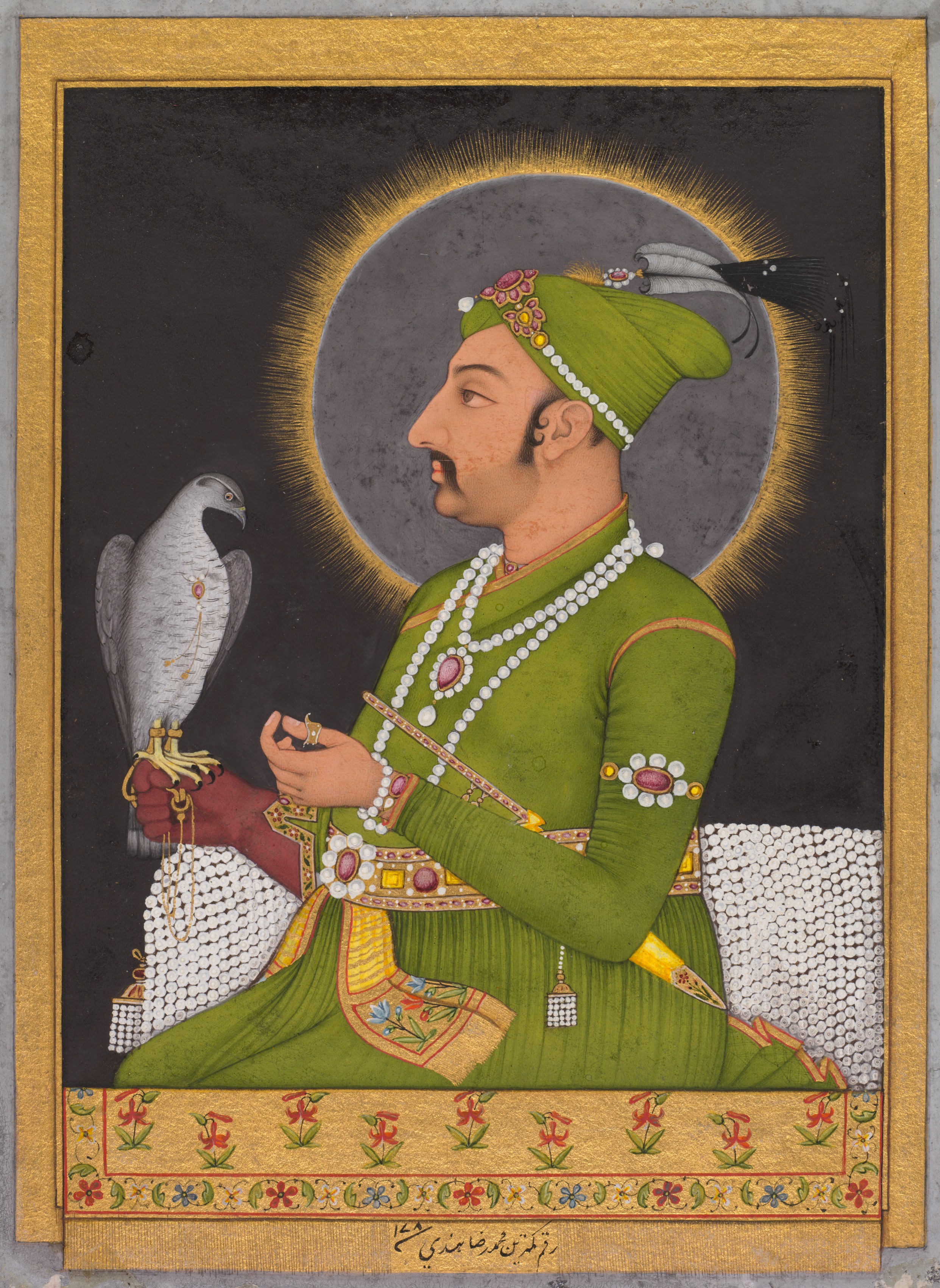 Posthumous portrait of the Mughal emperor Muhammad Shah (reigned 1719–1748) holding a falcon (recto)