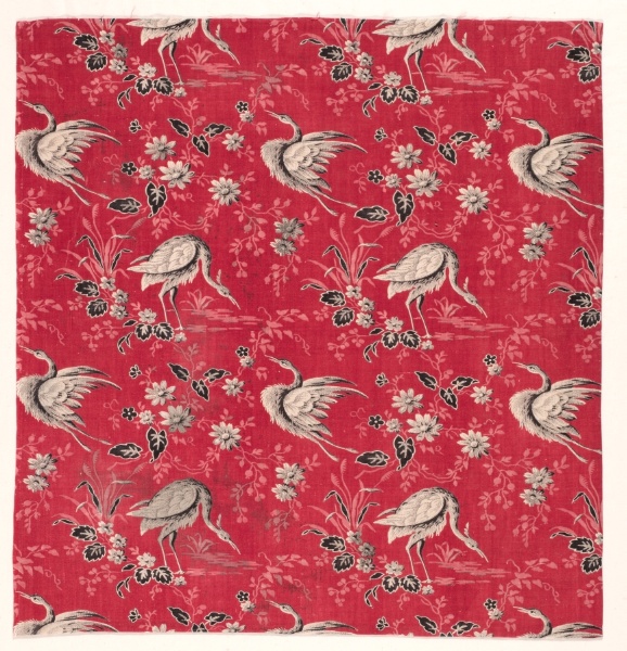 Roller-Printed Cotton with Heron and Flower Design
