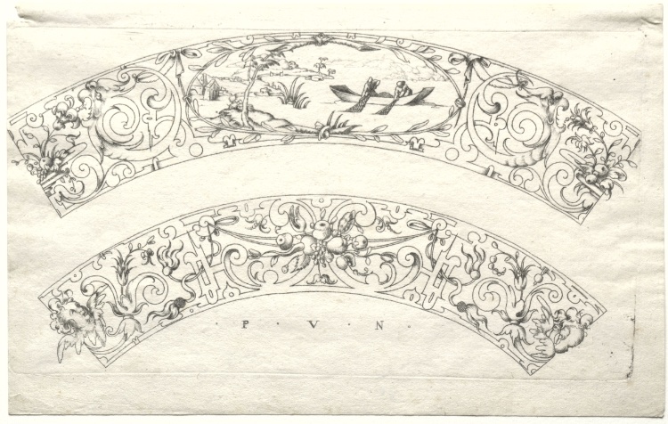 Two curved strips with fisherman and flowers