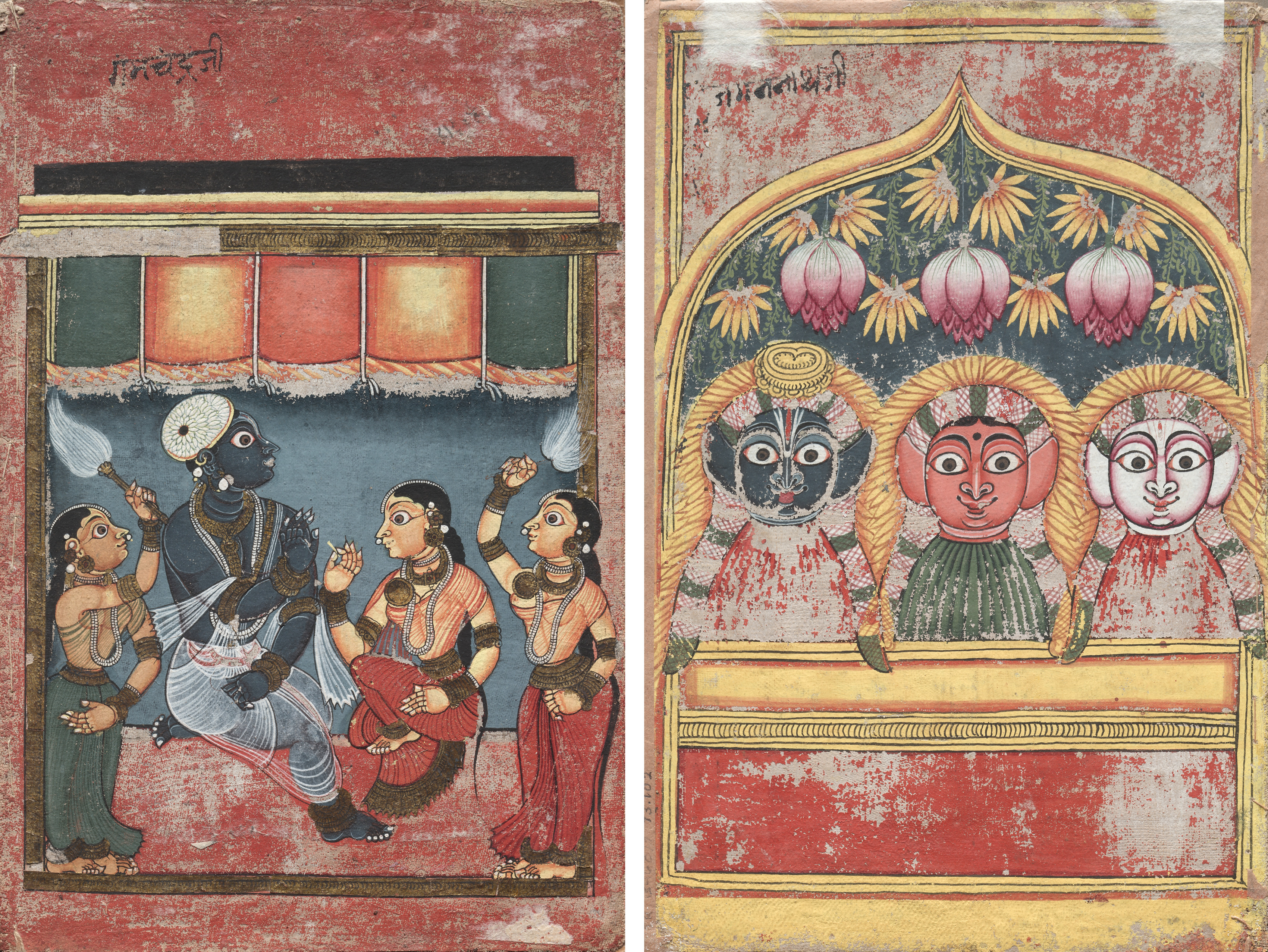 Krishna with Radha and Two Attendants (recto); Jagannath, Subhadra and Balarama in an Arch (verso)