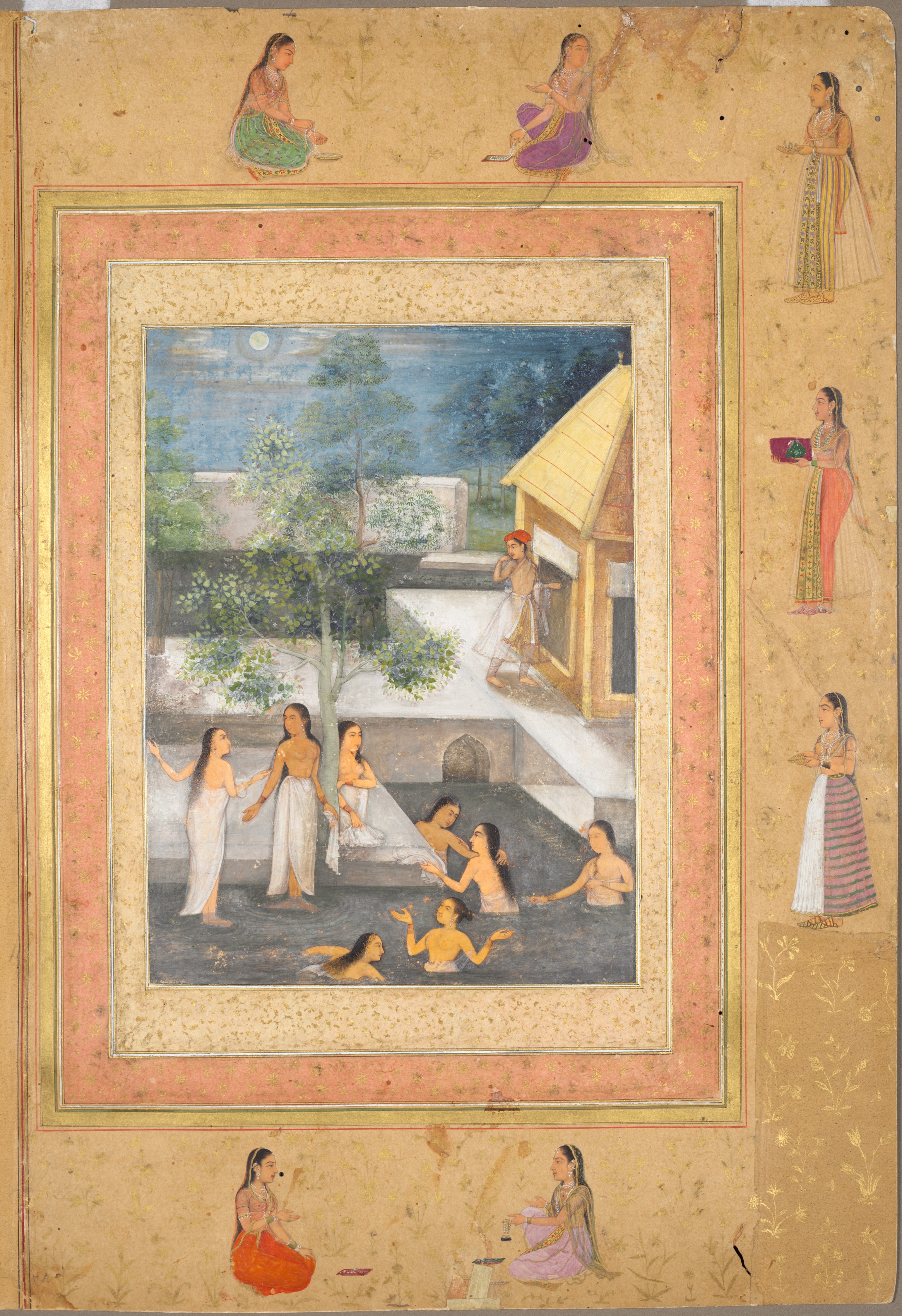 Page from the Late Shah Jahan Album: Harem Night-Bathing Scene (recto)