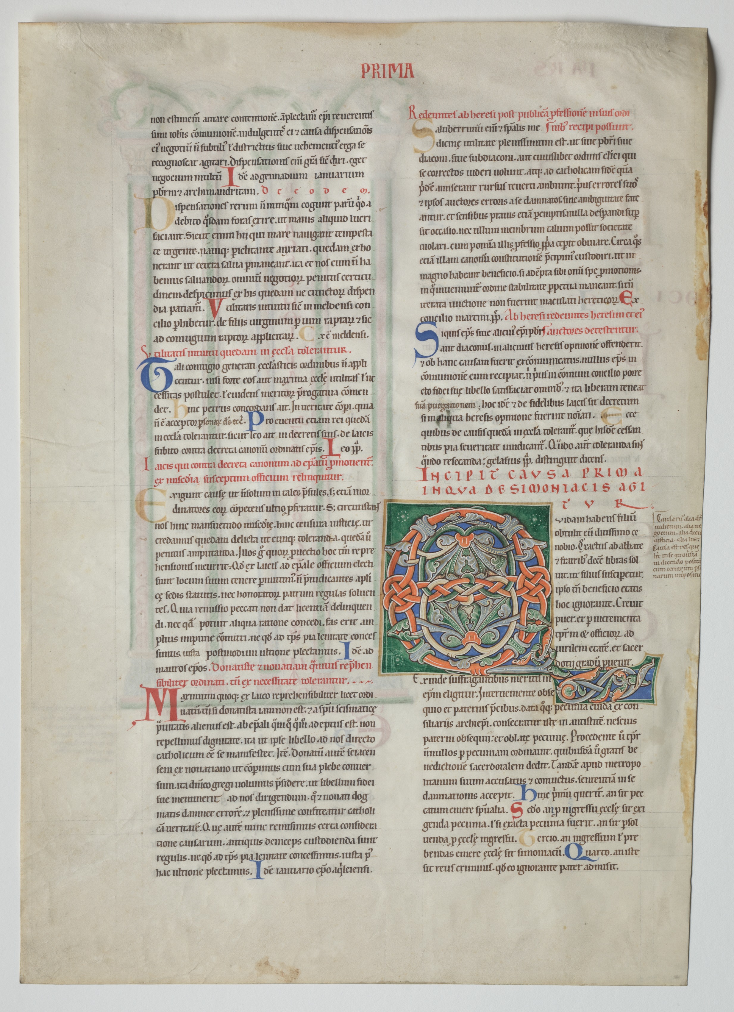 Single Leaf from a Decretum by Gratian: Decorated Initial Q[uidam habens filium obtulit] and Quadruple Arcade with Concordance of Greek and Latin Alphabets 