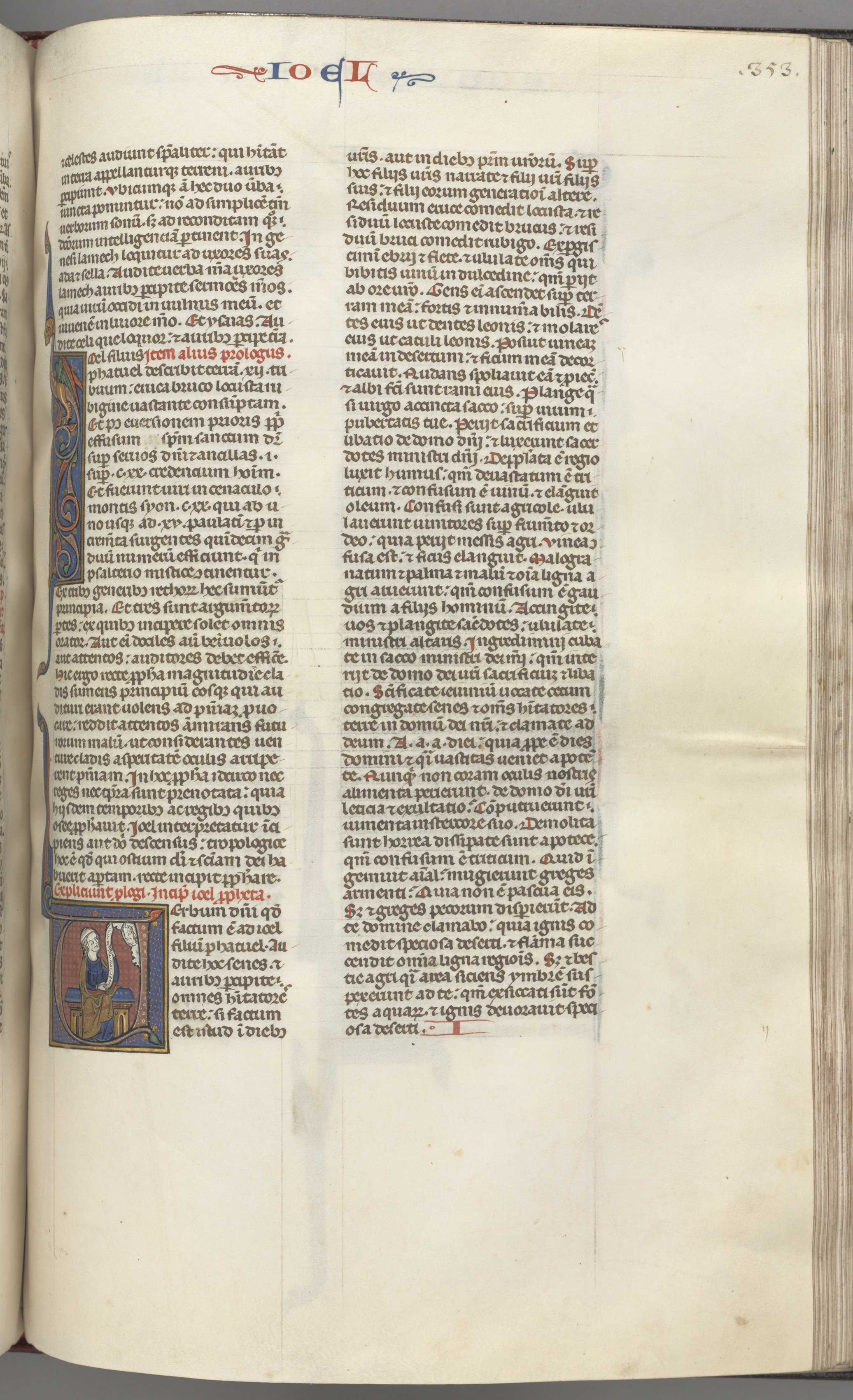 Fol. 353r, Joel, historiated initial V, Joel seated with a scroll, bust of God above