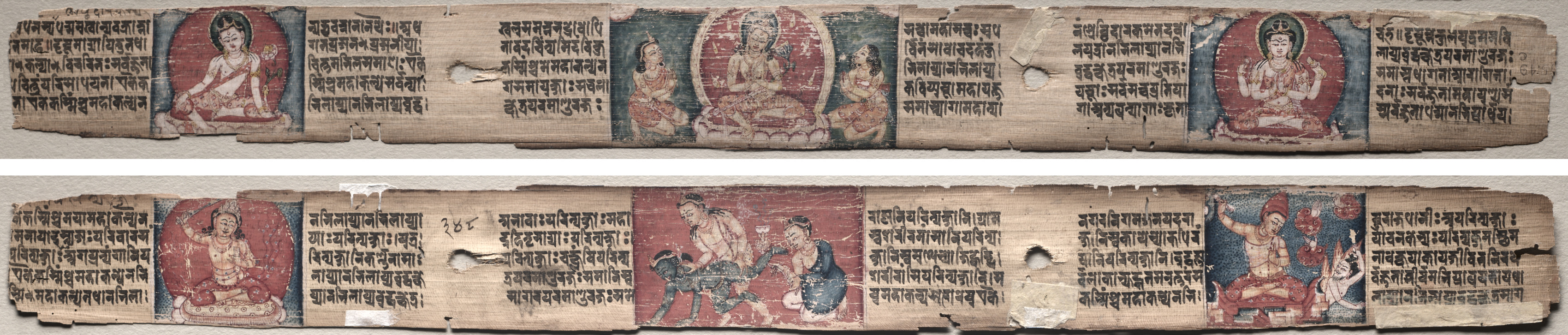 Folio 348 from a Gandavyuha-sutra (Scripture of the Supreme Array): Bodhisattva Manjushri with two forms of Avalokiteshvara (recto); Bodhisattva Samantabhadra purifies the path to enlightenment, with Manjushri (verso)