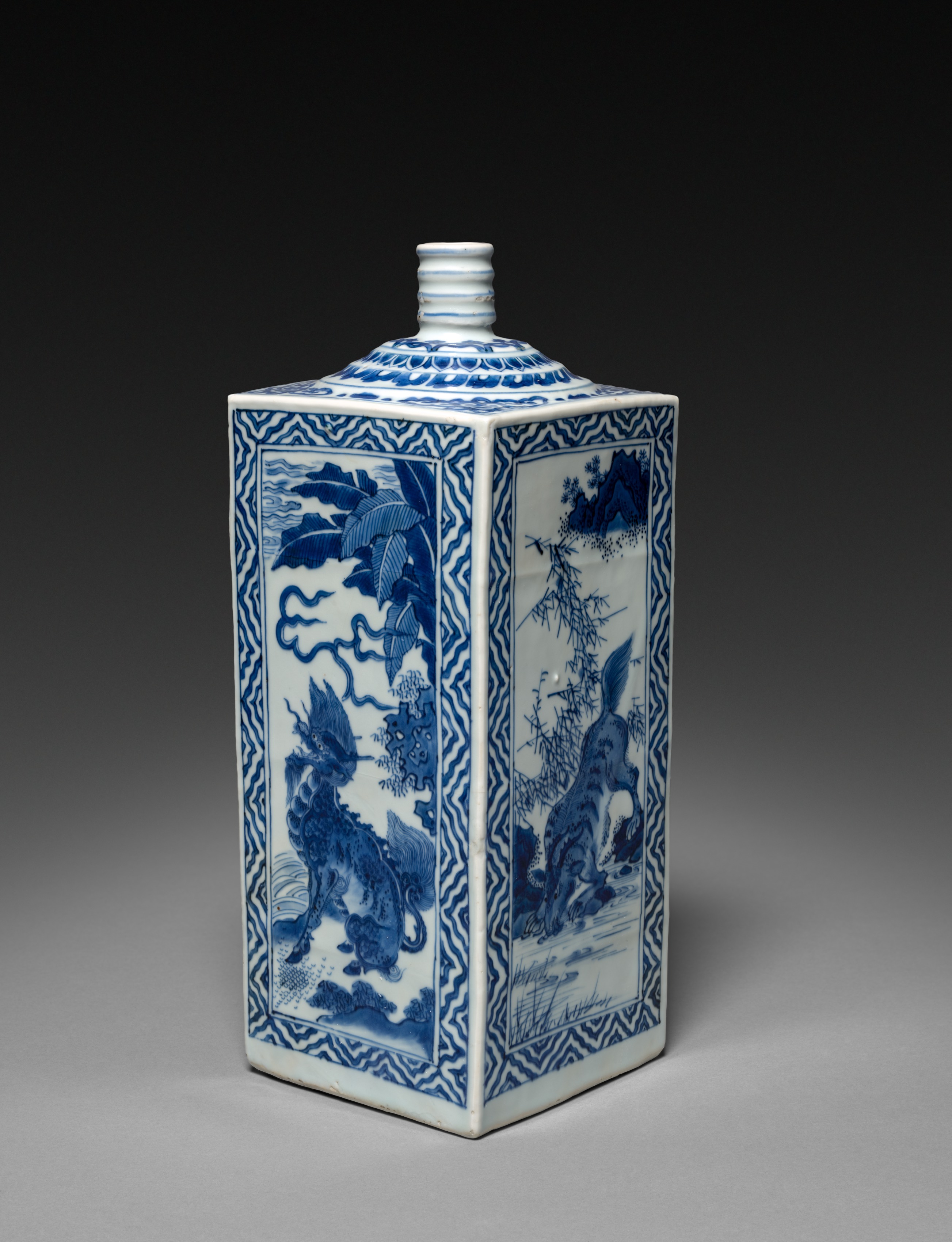 Transitional Blue-and-White Square Bottle
