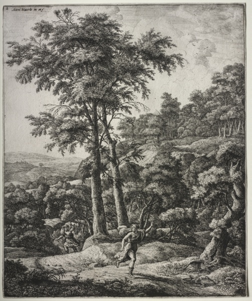 Six large upright landscapes with scenes from Ovid's Metamorphoses: Apollo and Daphne