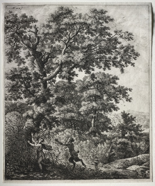 Six large upright landscapes with scenes from Ovid's Metamorphoses: Pan and Syrinx