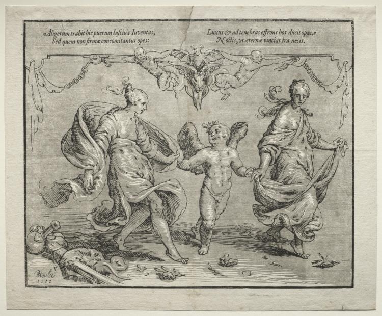 Cupid dancing with two allegorical women