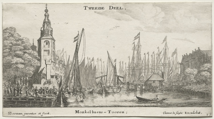 Various Ships and Views of Amsterdam (Verscheÿde Schepen en Gesichten van Amstelredam), Part II:  Canal near Amsterdam and Tower of Monkel