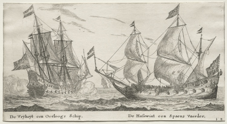 Various Ships and Views of Amsterdam (Verscheÿde Schepen en Gesichten van Amstelredam), Part II:  The Freedom, a Man-of-War.  The Wolf Hound, a Spanish Vessel