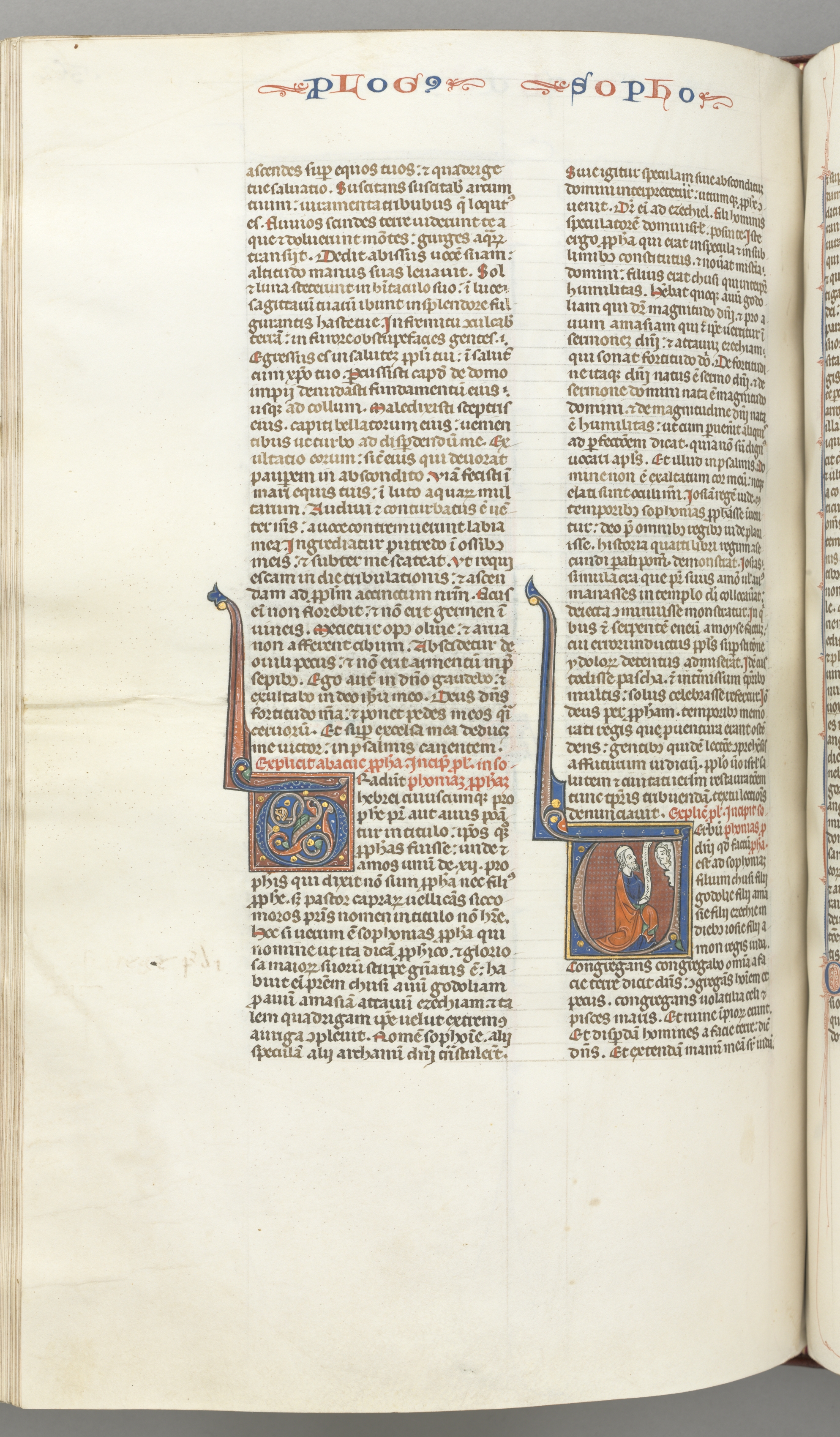 Fol. 362v, Zephaniah, historiated initial V, Zephaniah kneeling with a scroll, bust of God above