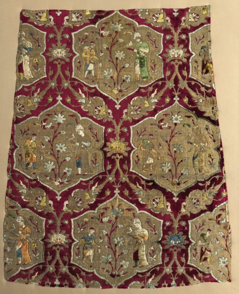 Fragment with falconer and attendant in animated lattice, from a robe