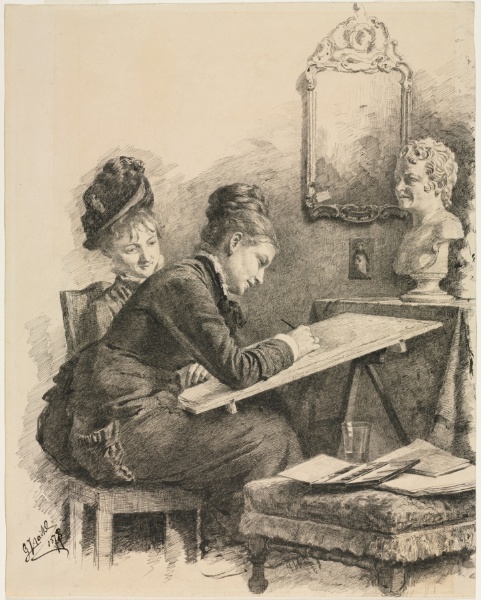 Two Women Sketching a Sculpture