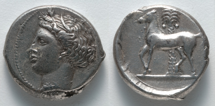 Tetradrachm: Head of Tanit-Persephone (obverse); Horse (reverse)