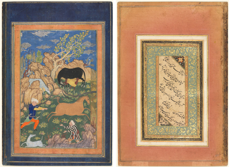 Rustam Lassoing his Horse, Rakhsh, in a Landscape (recto); Calligraphy, Persian Verses (verso)