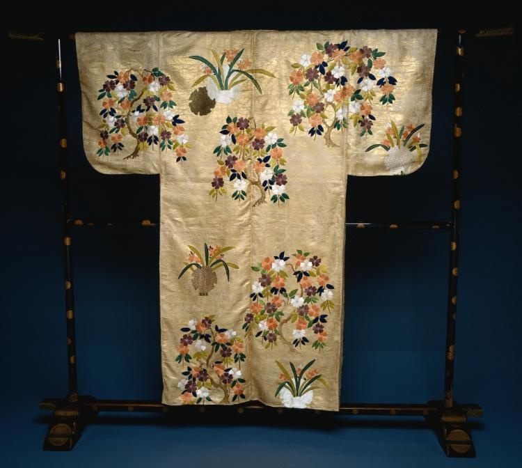 Nō Costume (Nuihaku) with  Blossoming Trees and Flowers