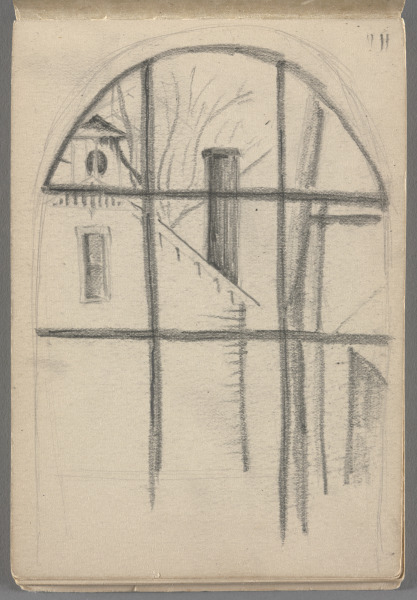 Sketchbook No. 10, page 44: Pencil, looking through arched, paned window at building