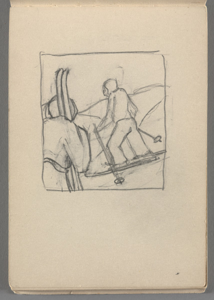 Sketchbook No. 10, page 42: Pencil drawing of two skiers, in borderline