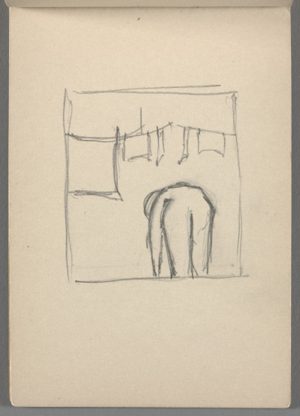 Sketchbook No. 10, page 37: Pencil drawing of figure bending over, laundry on line, in borderline