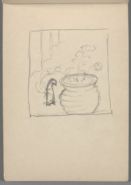 Sketchbook No. 10, page 39: Pencil drawing of plant in pot, penguin ceramic, in borderline