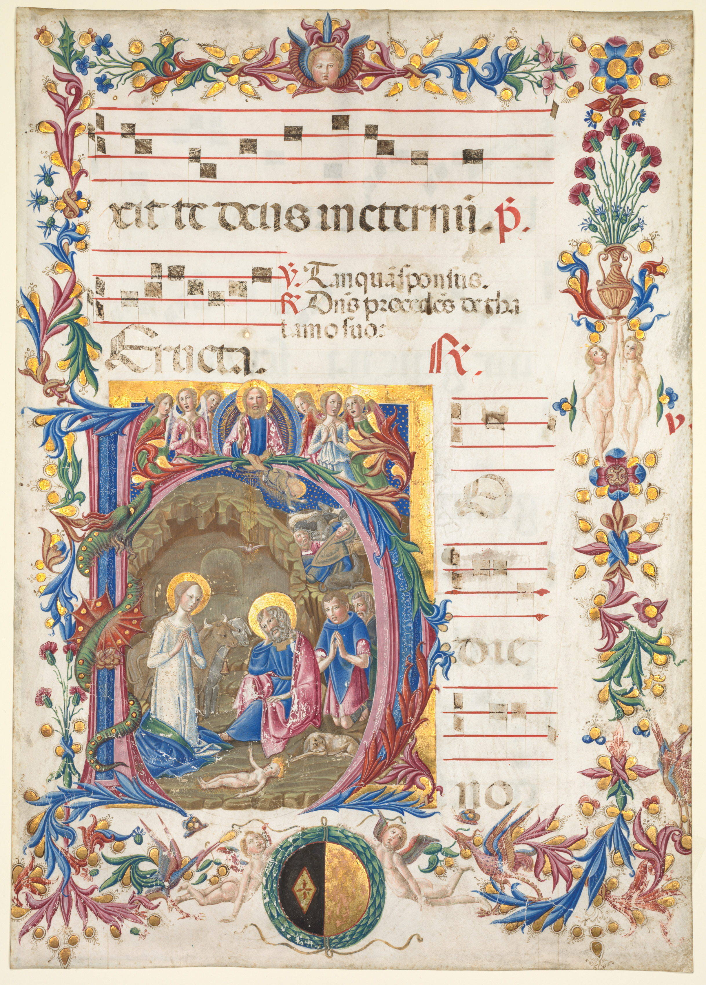 Single Leaf from an Antiphonary: Initial H[odie nobis] with The Nativity