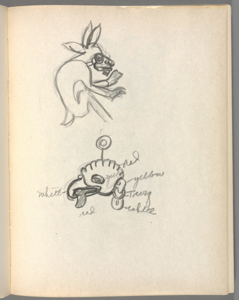 Sketchbook No. 6, page 145: Pencil 2 animal designs with color notations