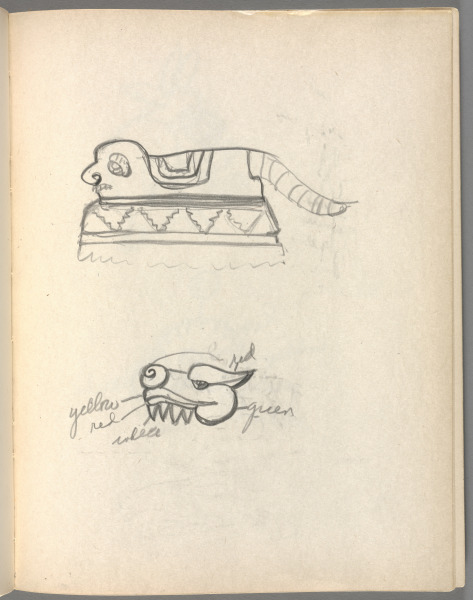 Sketchbook No. 6, page 143: Pencil 2 animal designs with color notations