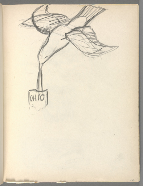 Sketchbook No. 6, page 135: Pencil 1 large bird holding bag with OHIO on it in its beak