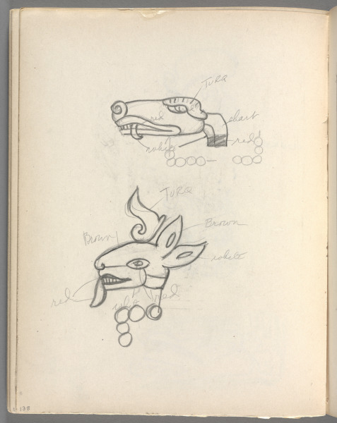 Sketchbook No. 6, page 138: 2 animal designs with color notations