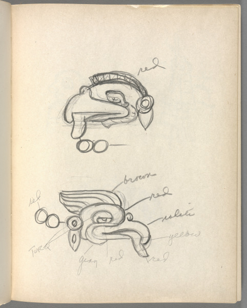 Sketchbook No. 6, page 141: Pencil 2 animal designs with color notations