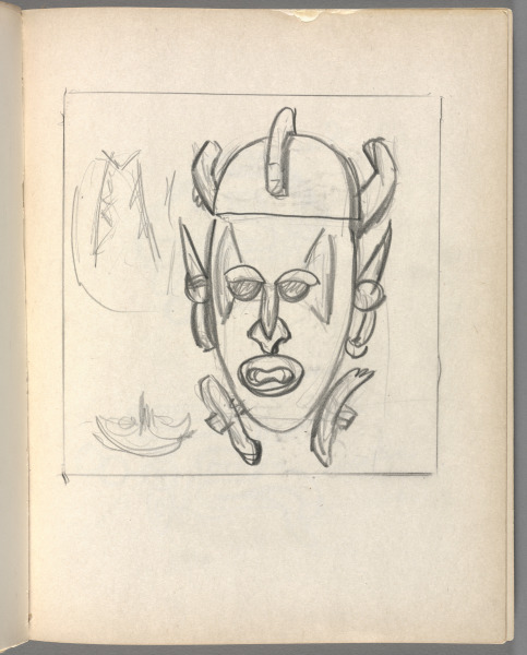 Sketchbook No. 6, page 139: Pencil detailed drawing of mask, man's face