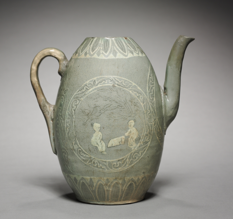 Pitcher with Inlaid Figure and Willow Design