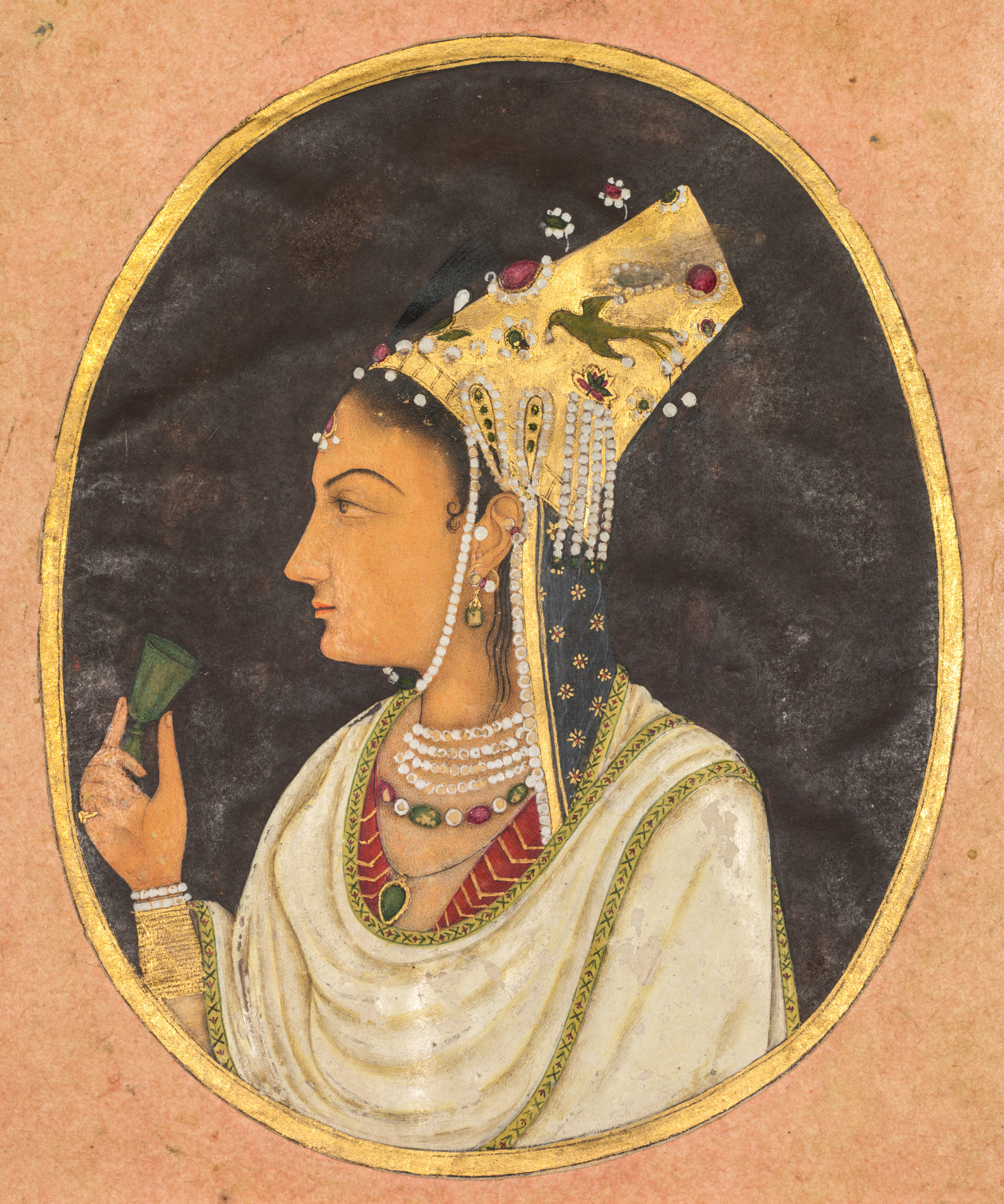 Oval portrait of a woman in a Chaghtai hat