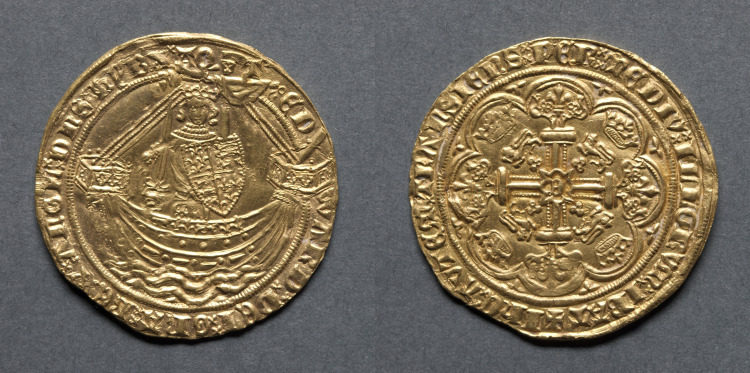 Noble: Edward III Standing in Ship with Shield of Arms (obverse); Ornamental Cross with Lis Terminals (reverse)