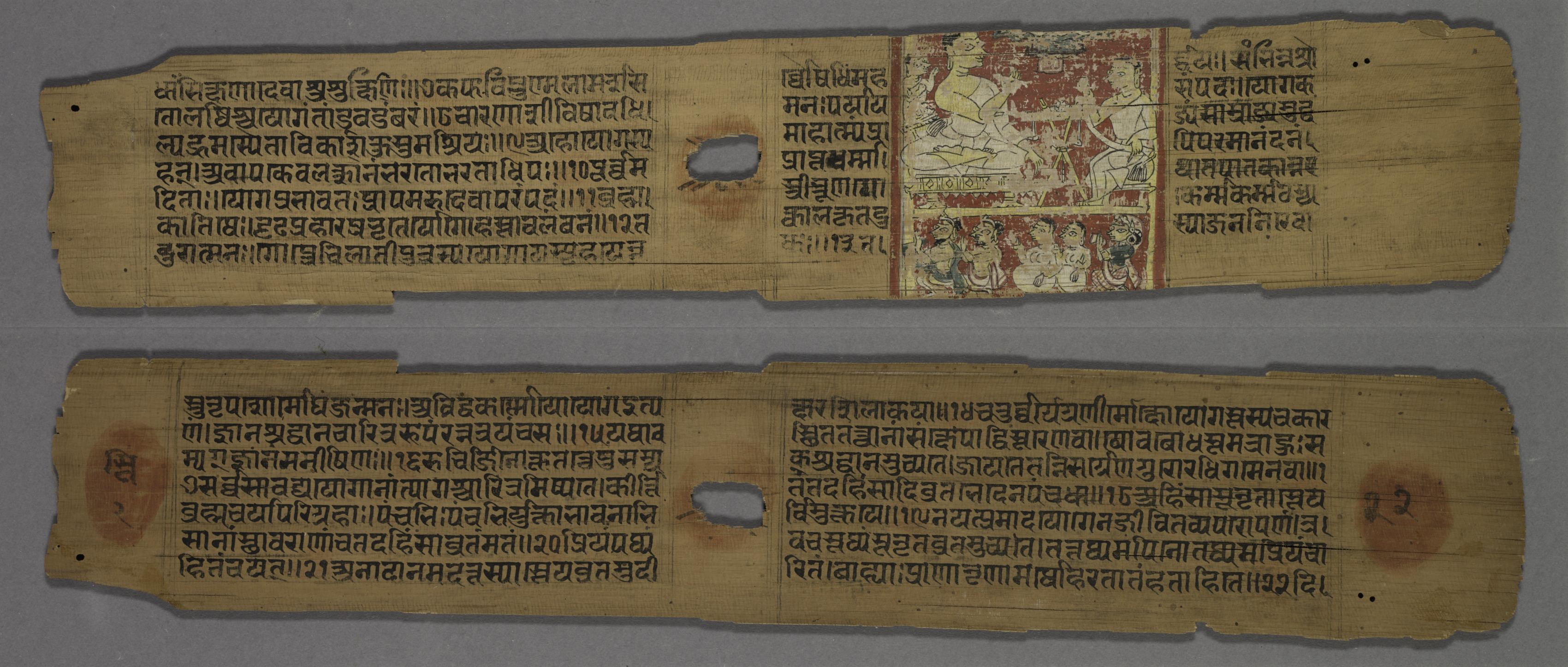 Folio 22 from a Yoga-shastra of Hemachandra: Jain Monk with disciple and two laymen, two Nuns, and a laywoman (recto); Text (verso)