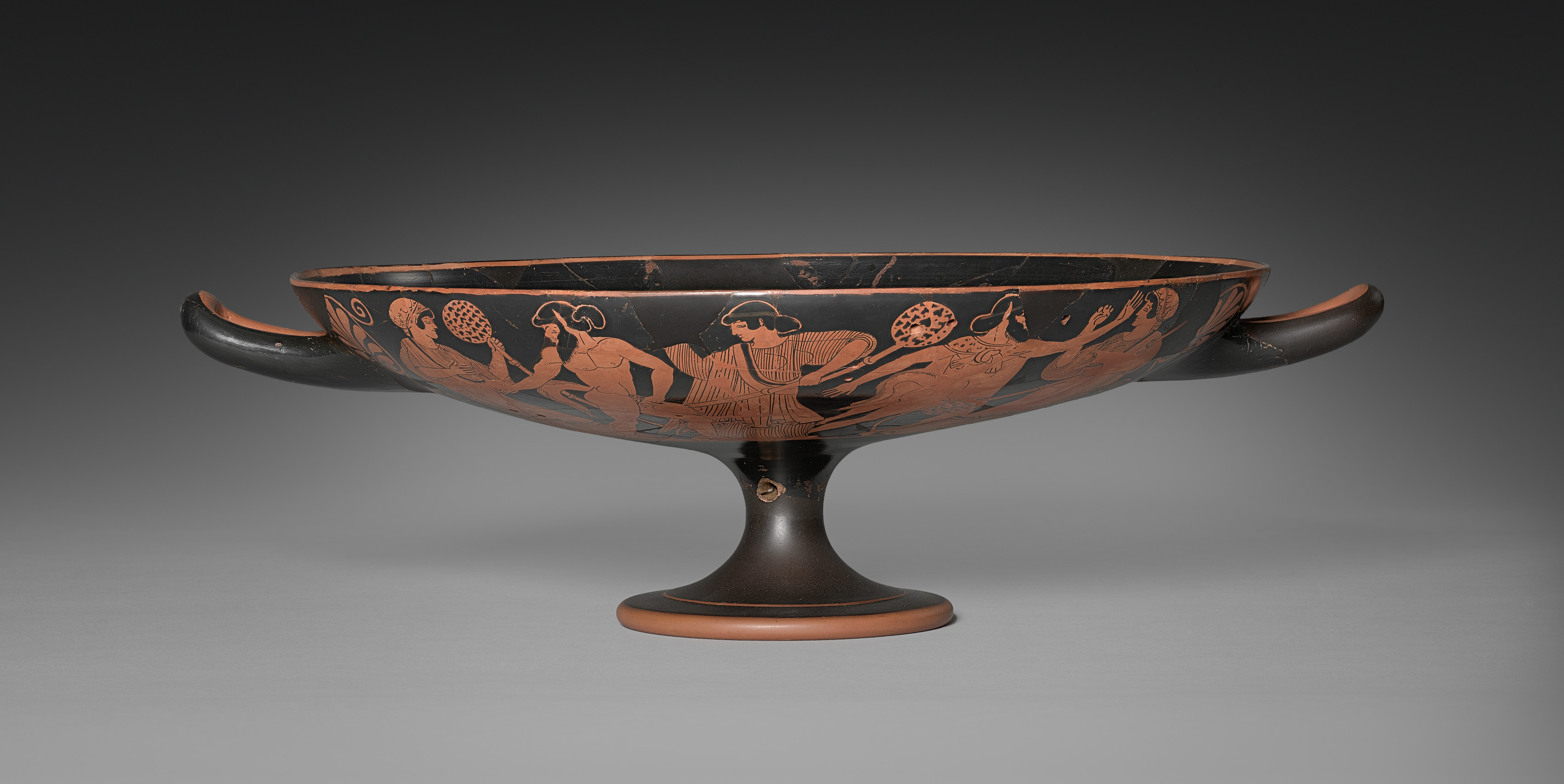 Red-Figure Kylix (Drinking Cup): Dionysos and Satyr (I); Satyrs and Maenads (A, B)