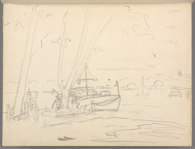 Sketchbook No. 6, page 9: Pencil, large pleasure boat in foreground, sailboats background