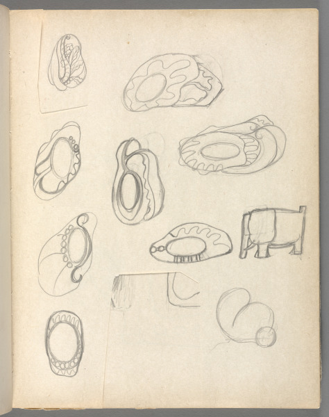 Sketchbook No. 6, page 91: Pencil 9 designs for enamels, 2 shapes cut out of page