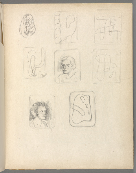 Sketchbook No. 6, page 93: Pencil 8 designs for enamels, 2 women's heads, rest abstract