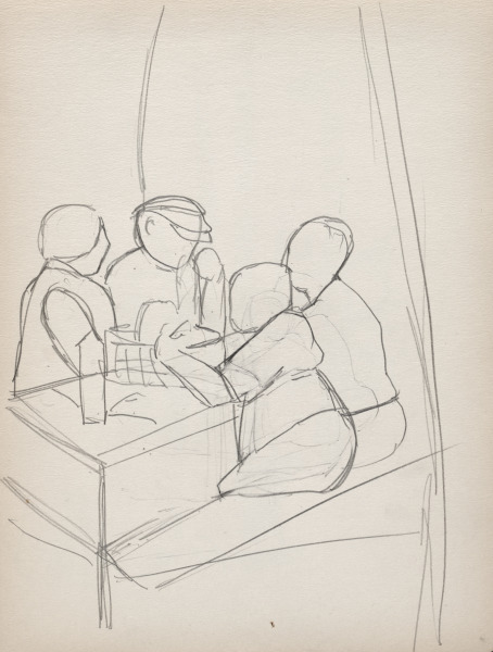 Sketchbook No. 3, page 17: Figures at a Picnic Table, study of a woodcut