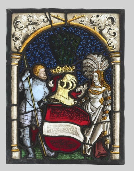 Heraldic Panel Depicting a Knight and a Lady with the Arms of the Archduchy of Austria