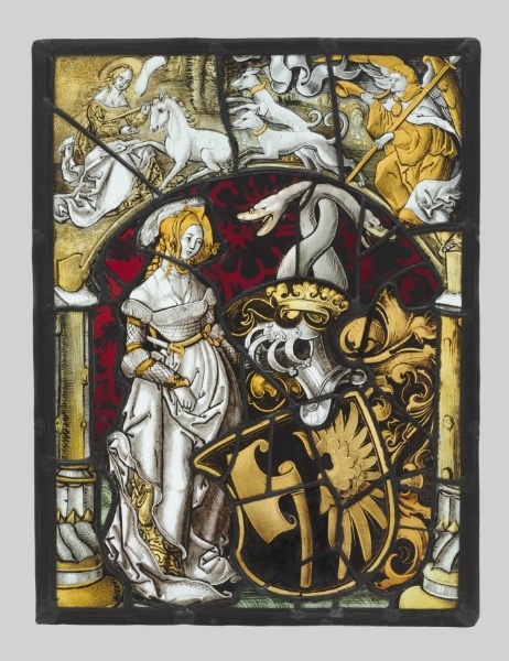 Heraldic Panel with Arms of Lichtenfels and a Unicorn Hunt