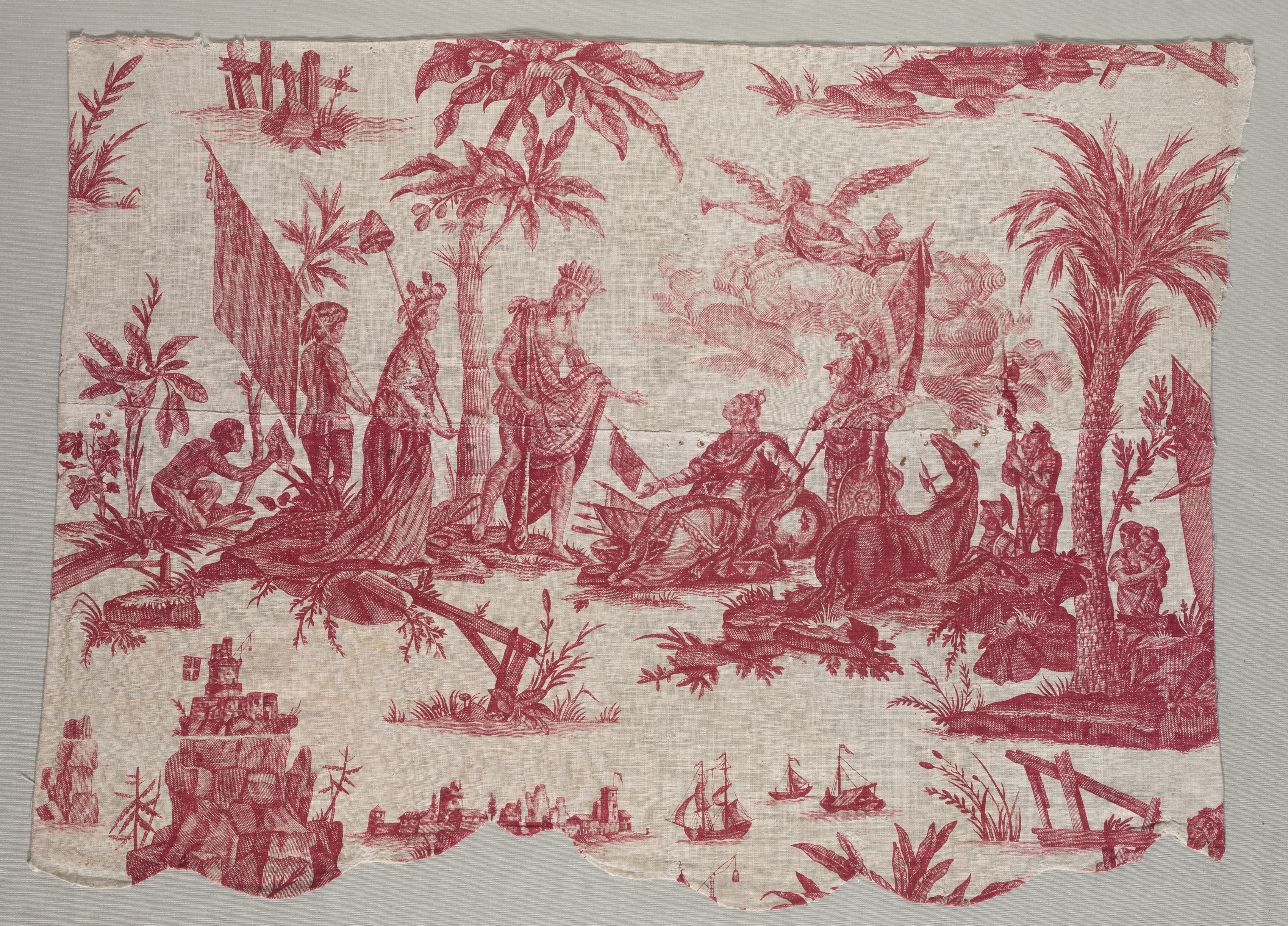 Fragment of Copperplate Printed Linen with "America Doing Homage to France" Design