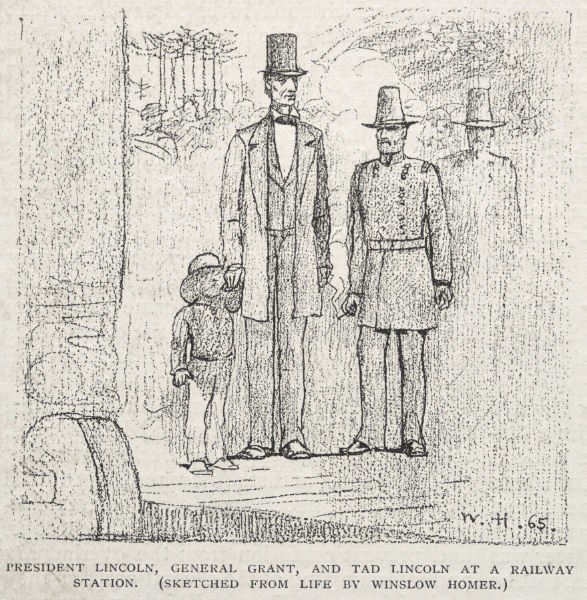 President Lincoln, General Grant, and Tad Lincoln at a Railway Station