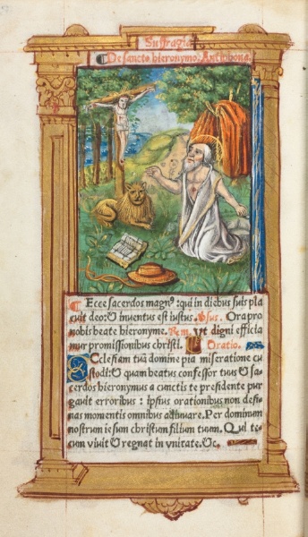 Printed Book of Hours (Use of Rome):  fol. 107v, St. Jerome and the Lion