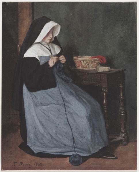 A Nun Seated at a Table Knitting
