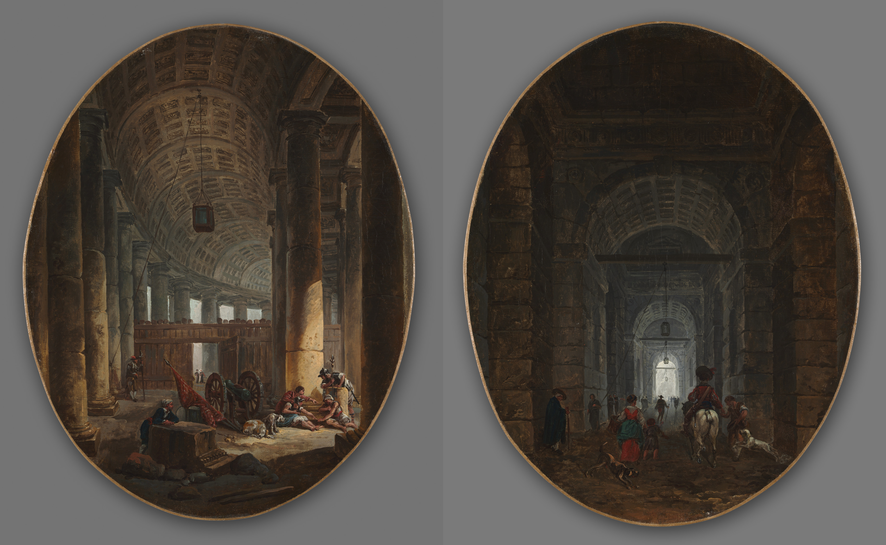Pair of Paintings: The Colonnade of St. Peter's, Rome, during the Conclave and The Grotto of Posillipo