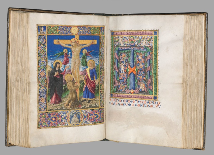 Missale: Fol. 185v: Crucifixion with borders  (full page)