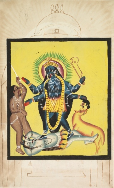 Kali Standing on Shiva (verso), from a Kalighat album