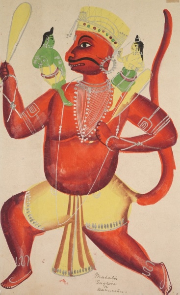Hanuman with Rama and Lakshmana on his shoulders, from a Kalighat album